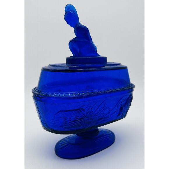 Westward Ho Tippecanoe Style Early American Pattern Glass Compote Cobalt Blue